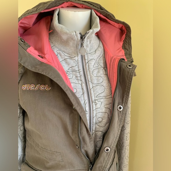 Diesel long khaki cotton cargo hooded winter vest windbreaker jacket hoodie coat - Picture 2 of 16